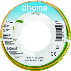 Image produit – Fil H07 V-K 1,5 mm² Dhome – Vert / jaune – Longueur 10 m (alt)