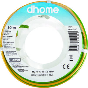 Image produit – Fil H07 V-K 1,5 mm² Dhome – Vert / jaune – Longueur 10 m (alt)
